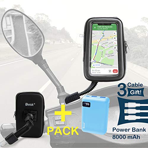BEISK, Soporte Móvil Moto + Cargador 8000mAh Azul + 3 Cables Micro/Tipo-C/iPhone 2.1A, Funda Impermeable De PVC, Rotación de 360º, Pantalla Táctil, para Móviles con Pantallas de 3.5-6.5, para Moto