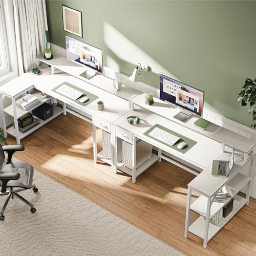 Image of SUPERJARE 53 inch Reversible L Shaped Desk with LED Lights & Power Outlets, Computer Desk with Shelves & Monitor Stand, Gaming Desk with Drawer, Home Office Desk Corner Desk, PU White Drawer