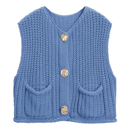 Image of Hixiaohe Womens Crochet Chunky Knit Top Sleeveless Button Down Crop Tops Trendy Cardigan Sweater Vest for Women with Pockets