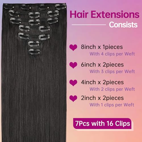 Image of 1B Natural Black Human Hair Clip In Extensions - 20 Inch Straight Seamless 7pcs /110g, Real Remy Invisible Clip Ins for Women（Cabello Humano)
