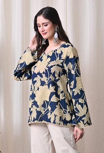 Image of MEERA FAB Women's Summer Floral Printed Cotton Short Kurta Bell Sleeves | Floral Printed Kurta | Short Kurti for Women