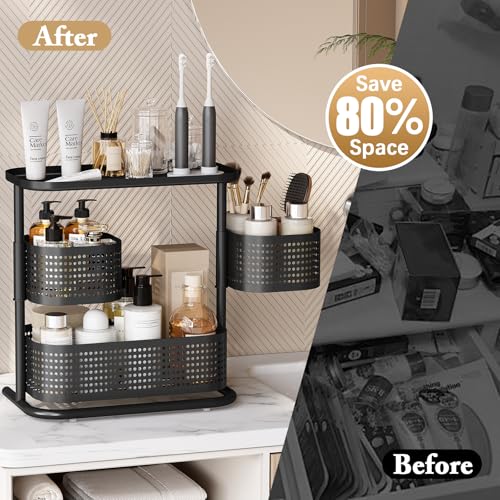 Image of 3 Tier Bathroom Counter Organizer, Rotating Countertop Vanity Storage Cabinet with Standing Shelf, Cosmetic Holder for Skincare & Makeup, Kitchen Spice Rack, Bedroom Nightstand Organizer, Black