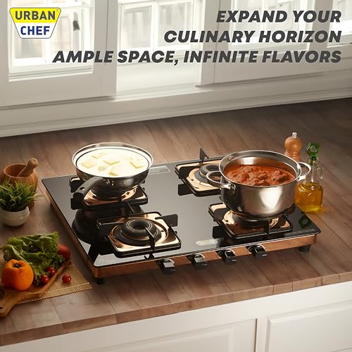 Urban Chef Gas Stove 4 Burners Glass Top | ISI Certified 4 Burner Stoves | Kitchen Gas Chulha LPG & PNG Compatible | Toughned Brass Burner Manual... - Image 7