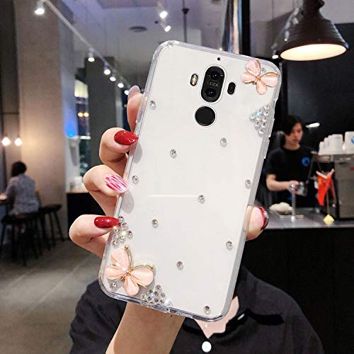 JAWSEU Case Compatible with Huawei Mate 9, Bling Diamond 3D Shiny Glitter Butterfly Design Transparent Crystal TPU Silicone Ultra Thin Slim Soft Gel Rubber Bumper Girls Phone Protective Case,Pink