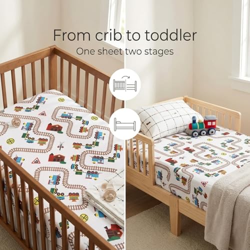 Image of Baby Boy Fitted Crib Sheet Choo Choo Train, 100% Soft Breathable Microfiber Baby Sheet, Fits Standard Size Crib Mattress 28in x 52in, Nursery Sheet