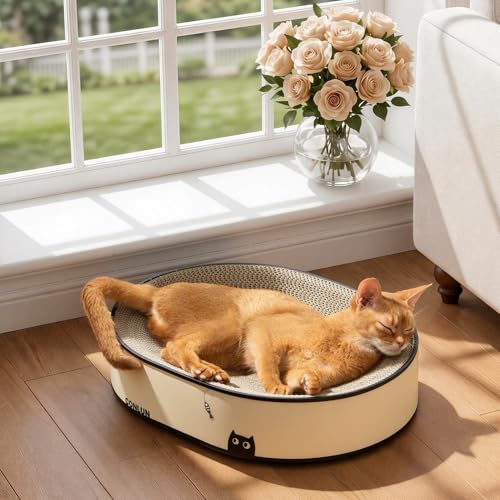 Conlun Oval Cat Scratcher Bed 2-in-1 Cat Scratching Board Natural Corrugated Cardboard Scratch Pad Lounge Sealed Base Traps Debris No Assembly Kitty Furniture Stylish Colors Blends Any Home Decor