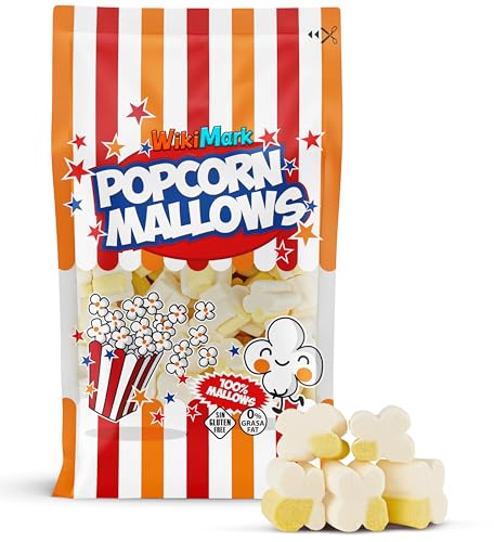 PopCorn Mallows WikiMark – Nubes con Forma de Palomitas y Sabor a Mantequilla – Bolsa de 250 Gr. – Sin Gluten, Sin Alérgenos. 0% Grasa.