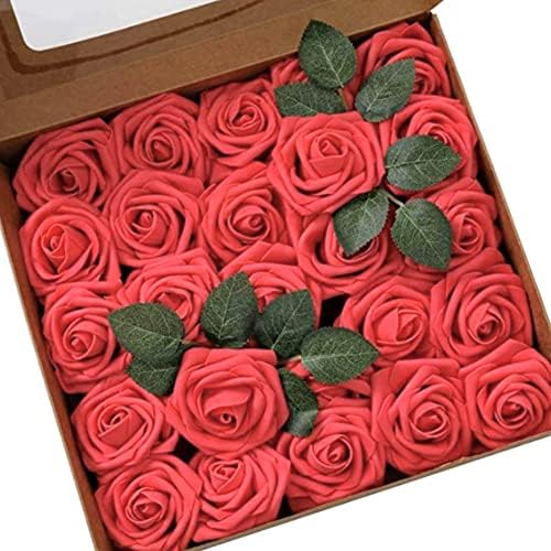 50Pcs Artificial Rose Flowers, Red Real Looking Foam Fake Roses Bulk w