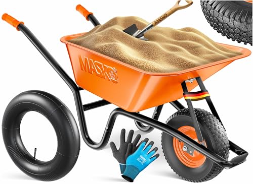 MASKO® Brouette | Capacité 100 litres | 250 kg | Pneus à air avec Jantes en Acier + Chambre à air de Rechange | Châssis en Acier galvanisé | Orange