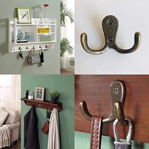 Namvo 10 Pcs Double Coat Hook Vintage Metal Hook Bronze Hat Clothes Towel Hook Antique Twin Robe Hook Dual Hooks Hanger Wall Mounted Door Hanging Hooks for Kitchen Bathroom Bedroom with Screws