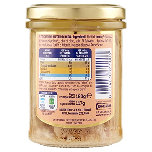 Rio Mare Filetti di Tonno all'olio di oliva - Handgemachte Thunfischfilets in Olivenöl (180g Glas)