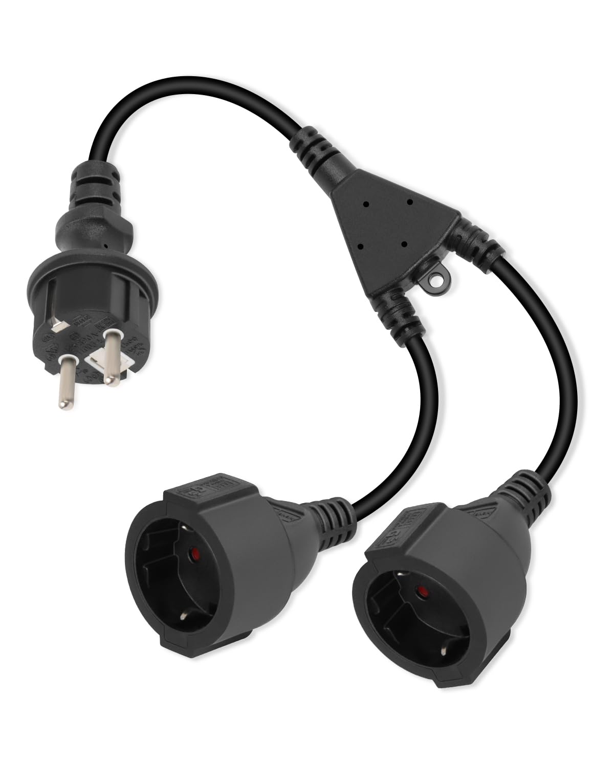 RIIEYOCA Stecker auf Doppelsteckdose Schutzkontakt Verlängerungskabel, 16A / 250V Wasserdichtes Stromverlängerungskabel für den Außenbereich (Schwarz, Gerade, 1 in 2)