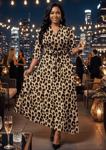 Image of FANDEE Women's Maxi Dresses V Neck 3 /4 Sleeve Long Dress with Pockets