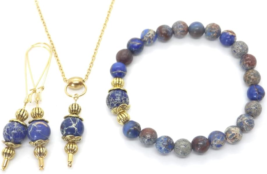 Vintage style bracelet, necklace and earrings jewelry set for women in blue imperial jasper and gold metal