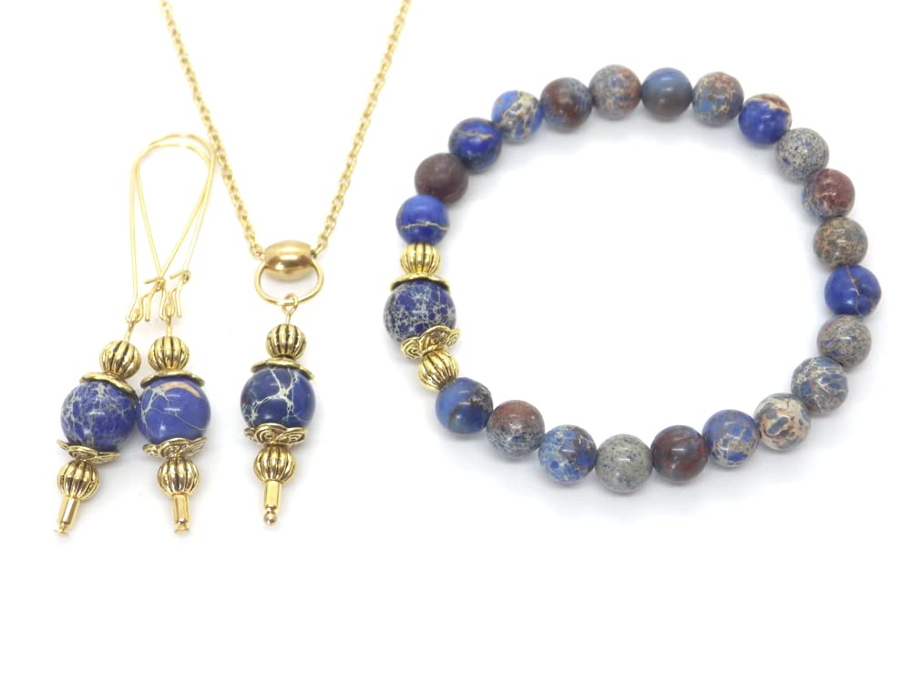 Vintage style bracelet, necklace and earrings jewelry set for women in blue imperial jasper and gold metal