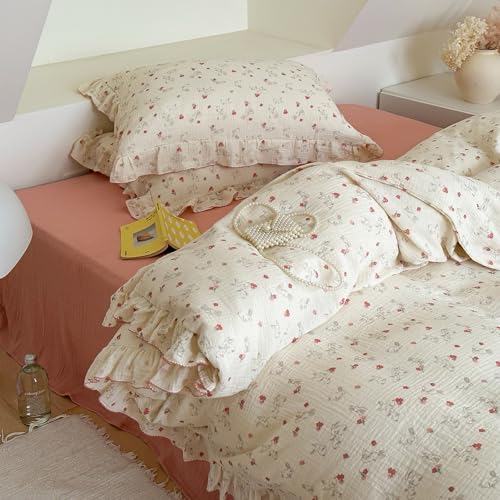 Image of VM VOUGEMARKET Red Flower Duvet Cover Set Twin,Soft Muslin Cotton Cute Rabbit Comforter /Quilt Cover with Romantic Ruffles for Kids Toddler,Comfy, Breathable & Lightweight