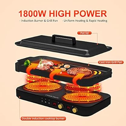 COOKTRON Portable Induktionskochfeld 2 Brenner mit abnehmbarem Eisen Guss Grillpfanne Antihaft, 2800W Doppelinduktionskochfeld mit Kindersicherung Zeit, ideal für Familienfeier – Bild 3
