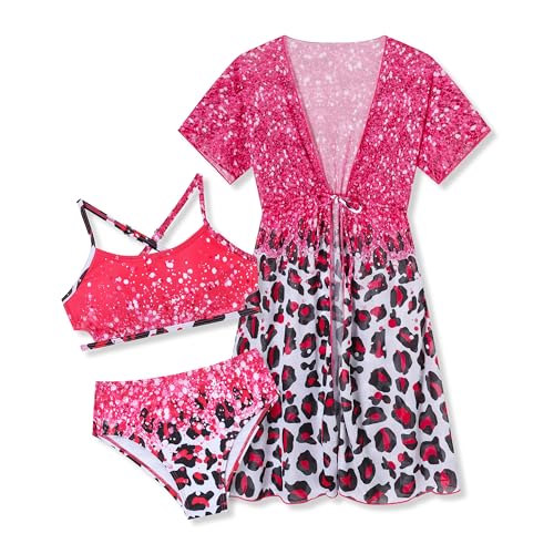 Image of Girls Bikini Set 3 Piece - Striped Multicolored Swimsuit with Quick Dry Cover Up - Bathing Suit for Kids 6-14 Years