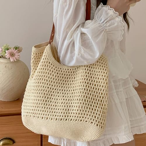 Fashionable Bucket Bag Essential Cotton Rope Shoulder Handbag Beach Bags for Vacation with Spacious Compartments4