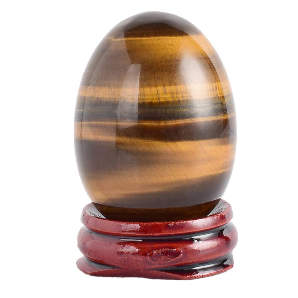 Aitelei Tiger Eye Natural Gemstone Carved Eggs Chakra Healing Crystal Reiki Crafts Eggs Sculpture Stone Crystal Quartz Figurine With Wood Stand For Home Decoration