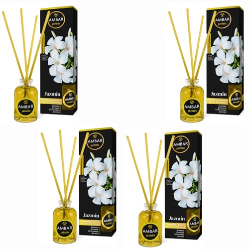 Pack 4 Mikados Ambientador ambar perfums – Aroma Jazmín – Difusores de Varillas Naturales +45 Días