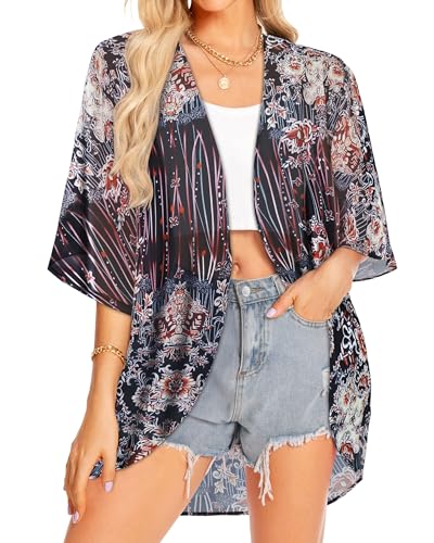 Image of Women Kimono Cardigans Casual Summer Tops Cover up Open Front Floral Print Resort Wear 2026