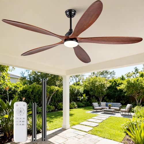 Image of 72 Inch Solid Wood Outdoor Ceiling Fans with Lights and Remote,Walnut 5 Blades,Dimmable,6 Speed Quiet DC Motor, Indoor Outdoor Ceiling Fan for Patios Bedroom Living Room
