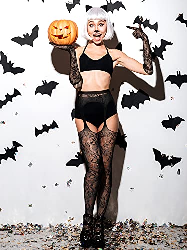 Geyoga 2 Pcs Lace Fishnet Stockings Tights Floral Gloves Black Suspender Pantyhose Long Gloves for Women Halloween Cosplay3