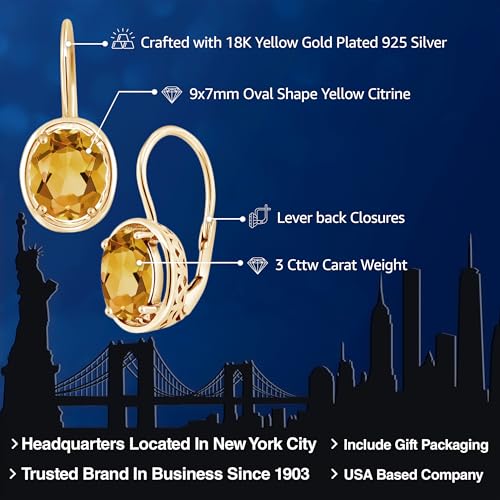 Gem Stone King 18K Yellow Gold Plated Silver Yellow Citrine Dangle Earrings For Women (3.00 Cttw, Gemstone Birthstone, Oval 9X7MM)2