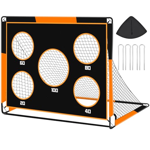 Gofady Portería de Fútbol para Niños, 2 en 1 Pop Up Porterías de Fútbol con 5 Objetivos y Bolsa de Transporte, Equipos de Entrenamiento de Fútbol Interior y Exterior(1.2M/1.5M) (Naranja, 150 * 120CM)