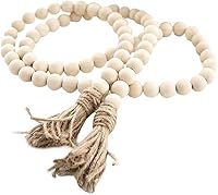 58 Inch Farmhouse Wood Bead Garland with Tassels - Rustic Boho Country Prayer Beads Wall Hanging Decor