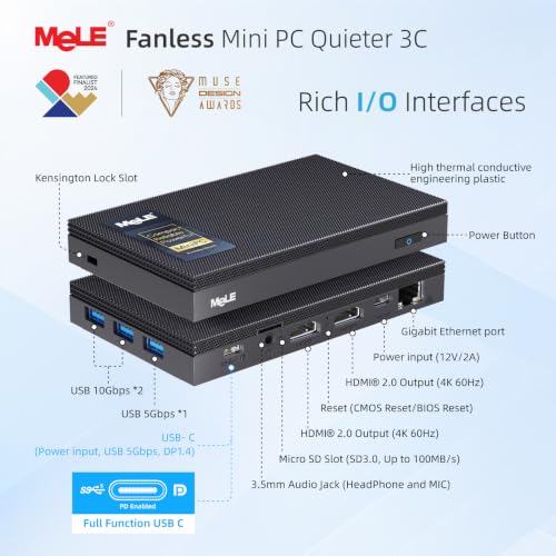 Image of MeLE Quieter 3C Fanless Mini PC N5100 (1.1-2.8GHz) 8GB RAM 128GB eMMC | Support 2 HDMI + USB-C Triple Display, WiFi 5 BT5.1 GbE, Quiet, No Dust, Support Win11 /10 & Linux, Unlocked BIOS, Low Power