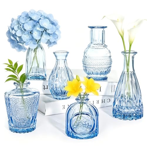 SUPMIND Blue Glass Bud Vases Set of 6 Small Flower Vases for Centerpieces