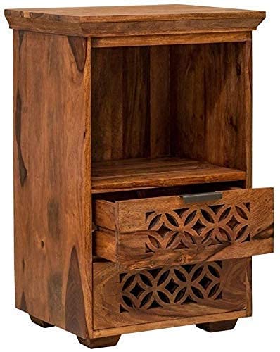 Image of Wooden Bed Side Table for Bedroom | Nightstand | End Table with 2 Drawer & Shelf | Natural Finish