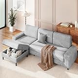 HOMRELEXA 200cm Sofa 3 Sitzer L Form mit Verstellbarer Aufbewahrungs-Hocker, Ecksofa mit Schlaffunktion, Modulares Sofa, Cordcouch, Holzrahmen, tiefer Sitz, Ideal für Wohnzimmer, Grau
