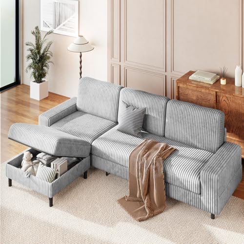 HOMRELEXA 200cm Sofa 3 Sitzer L Form mit Verstellbarer Aufbewahrungs-Hocker, Ecksofa mit Schlaffunktion, Modulares Sofa, Cordcouch, Holzrahmen, tiefer Sitz, Ideal für Wohnzimmer, Grau