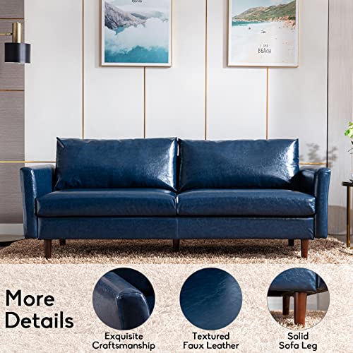 Dreamsir 80'' Faux Leather Sofa Couch, Mid-Century Modern Sofa With Solid Wooden Frame & Padded Cushions, 3-Seater Couch For Living Room, Apartment, Lounge Room (Blue) #TOP2