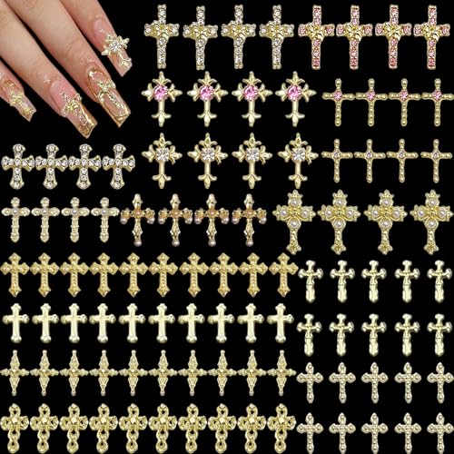 KACHIMOO 100pcs Cross Nail Charms 16 Styles 3D Cross Gold Nail Charms Crosses Mixed Crosses Golden Charm for Acrylic Nails Y2K DIY Accessories Punk Nail Art (Gold)