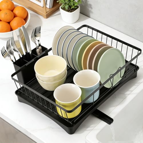 Design Compatto Risparmiaspazio: Le dimensioni dello scolapiatti sono 16,5 x 11,8 x 5,1 pollici. Questo gocciolatoio lavandino cucina organizzatutto può ospitare comodamente fino a dieci piatti insieme a varie ciotole, bicchieri e utensili, mantenendo il vostro piano cucina asciutto, ordinato e libero dalla confusione