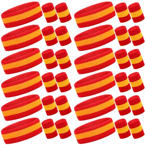 Image of Eurzom 36 Pcs Neon Sports Sweatbands Set Include 12 Striped Sweat Absorbing Headbands 24 Wristbands Athletic for Men Women Basketball Tennis Running Glow Party