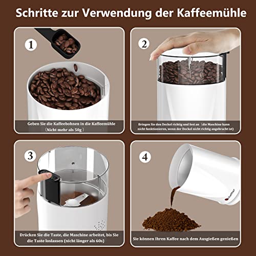 Scheffler Kaffeemühle 200W Elektrische Kaffeemühle für Bohnen, Nüsse und Getreidemühle mit 304 Edelstahlmesser 50g… – Bild 5