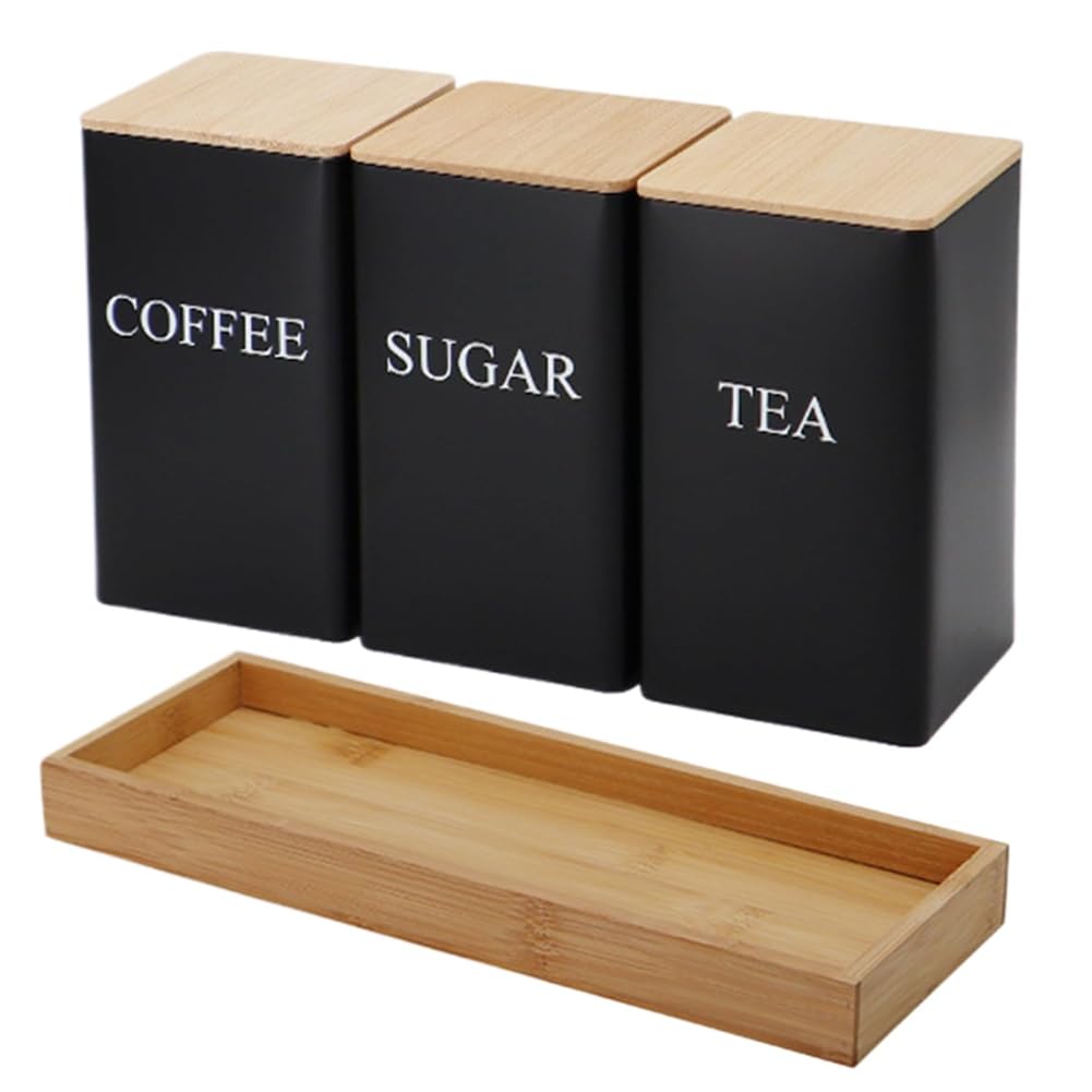 Erpmlyo 3PCS Set Tea Coffee Sugar Canister Set with Tray Iron Tea and Coffee Jars with Bamboo Lid Coffee Sugar Tea Containers A