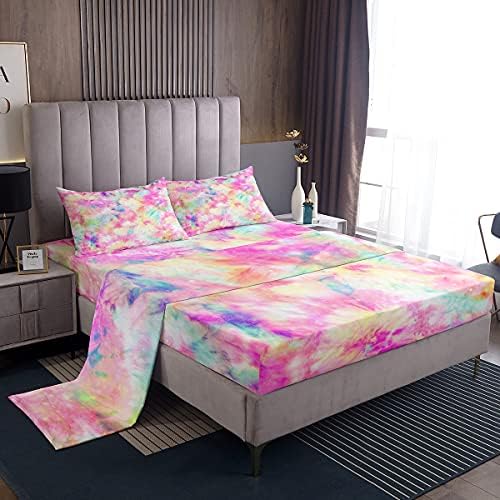 Erosebridal Kids Tie Dye Pink Bed Sheets Girls Bohemian Batik Sheet Set 3 Pcs Twin Size, Boho Psychedelic Sheets Set + Deep Pocket Fitted Sheets+ Girly Flat Sheet + Exotic Bedroom Decor 1 Pillow Sham
