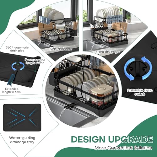 Image of ZENOVIA Dish Drying Rack 2-Tier with Drainboard & Drain Pipe | Rust Proof Carbon Steel Kitchen Organizer with Cup, Knife & Cutlery Holder | PP Tray | Snap On Assembly