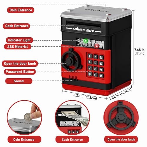 Image of Refasy Piggy Bank Cash Coin Can ATM Bank Electronic Coin Money Bank for Kids Age 3-12, Money Savings Box Mini ATM Coin Bank Toys Gifts for 3 4 5 6 7 8 9 10 11 12 Year Old Boys Girls