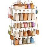 Purse Organizer for Closet, Extra Long 5-Tier Tall Purse Rack Stand with Adjustable Shelves & 12 Hooks, Large Capacity Purse Storage Display Shelf for Tote Bags, Crossbody Bags, Handbag, Dressing Room