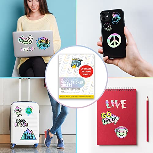 Image of Holographic Printable Vinyl Sticker Paper Waterproof 50 Sheets 8.5 inchx11 inch, Inkjet Printer (HP, Canon, Brother Printers Compatible) - Weatherproof Holographic Sticker Sheets - Strong Adhesive