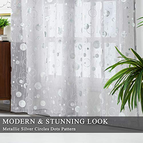 Kotile Grey Window Sheer Curtains - Metallic Silver Geometric Circle Dots Pattern Gray Grommet Curtain Panels 84 Inch Length Voile Drapes For Living Room, 52 X 84 Inch, 2 Panels, Grey And Silver #TOP4