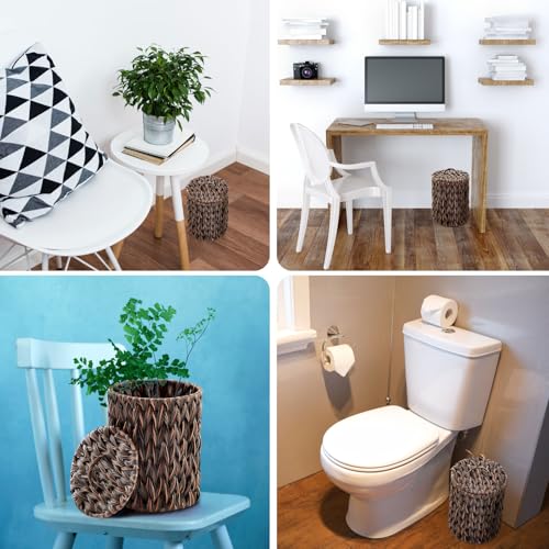 Image of Ctosree 1.3 Gallons Small Trash Can with Lid Handle Boho Woven Braided Bathroom Waste Basket Trash Can with 100 Garbage Bags for Bedroom Office Laundry(Braided Polypropylene, Dark Brown)