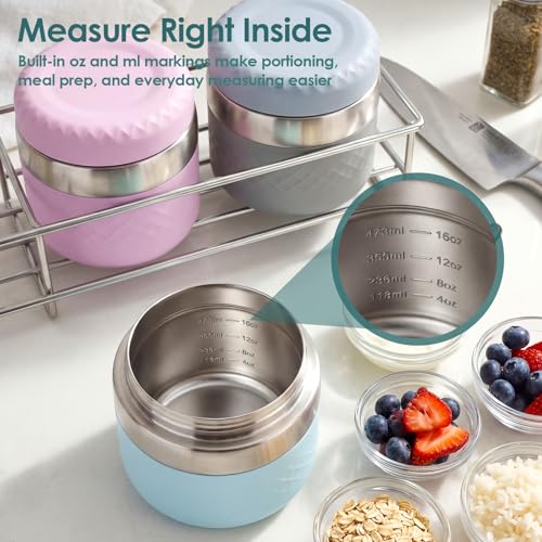 Image of 24 oz Insulated Food Jar, Stainless Steel Lunch Container, Pink | 18 /8 Stainless Steel, Leakproof Lid, Wide Mouth, Silicone Sleeve, Measurement Marks, Hot & Cold Food, Soup, Dishwasher Safe